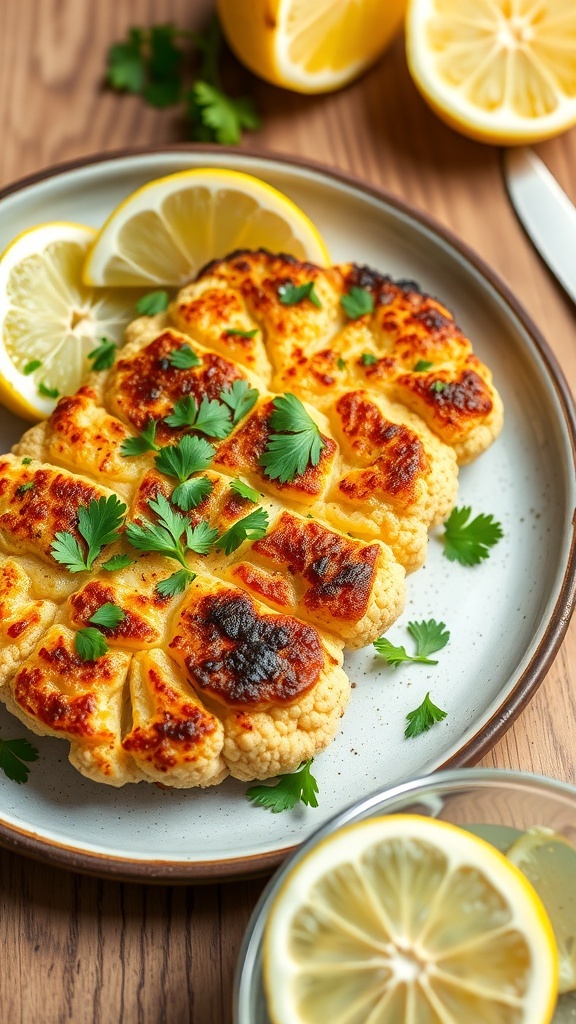 Savory Roasted Cauliflower Steaks Recipe Roasted cauliflower steak garnished with parsley and lemon wedges on a rustic plate.